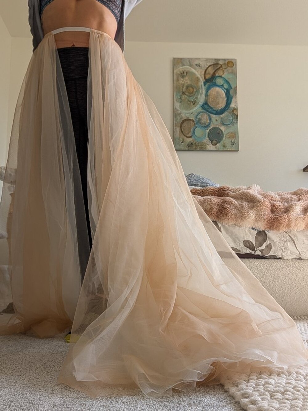 Custom-made Beige/Ivory Overskirt Train 3 layer Tulle 55" length XS NEVER WORN